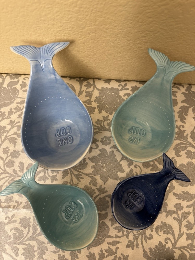 Ceramic Whale Shaped Measuring Cup Set Blue Aqua Nesting 4pcs 1-1/4 Cup