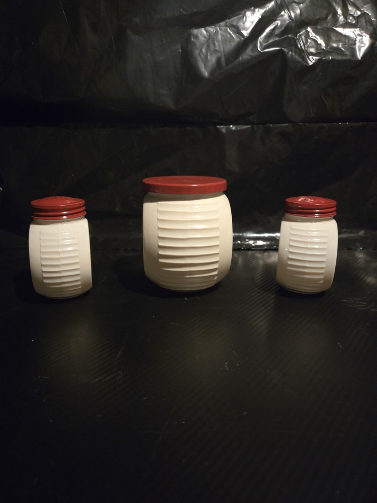 Anchor Hocking FireKing Vitrock Shakers & Jar. ***URANIUM GLAZE***