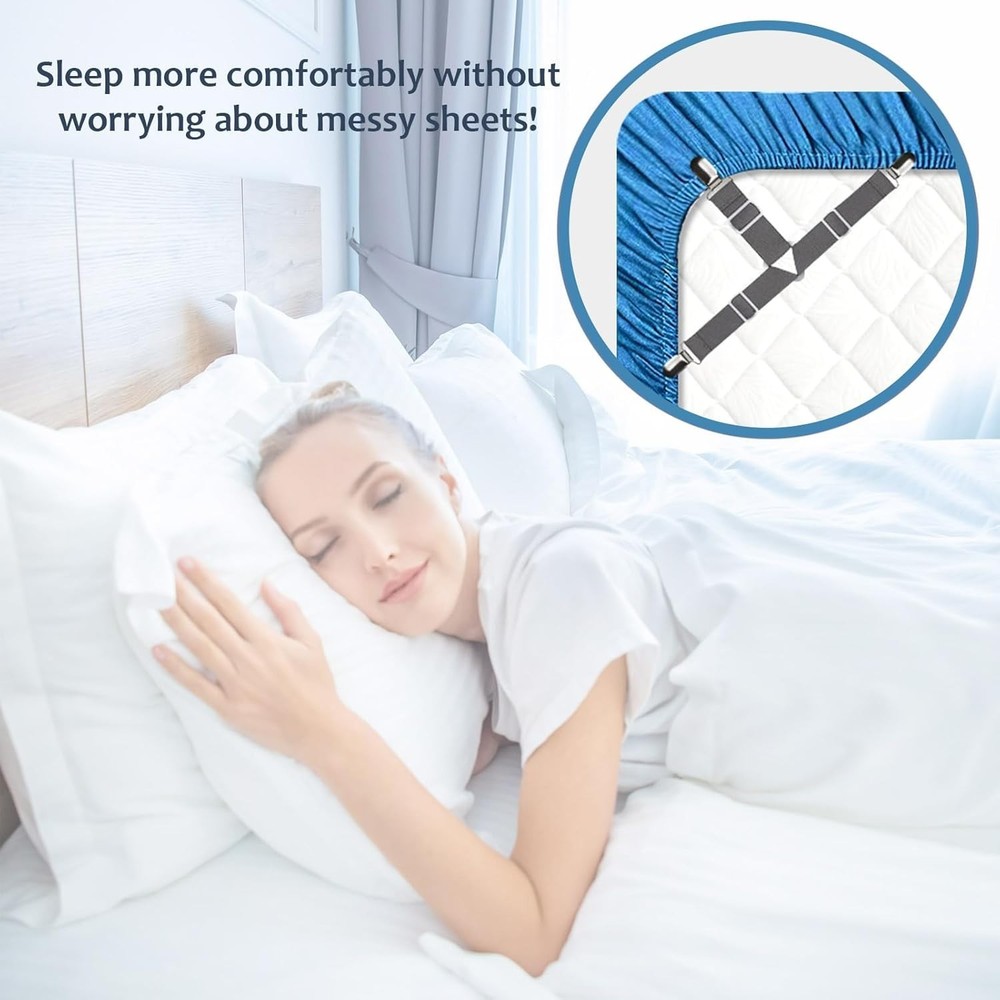 Grey 4 Pcs Bed Sheet Straps - Adjustable Fitted Sheet Clips Hold Sheets in Place