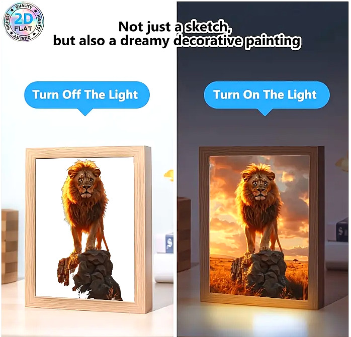 Lion USB LED Night Light Lamp Framed Wall Decor Before After Light Effect 8"x6"