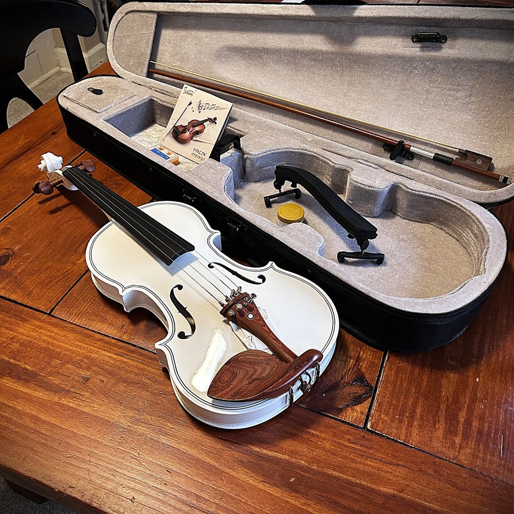 White Full-Size 4/4 Solid Wood Violin Package with Case, Bow, Rosin, and More
