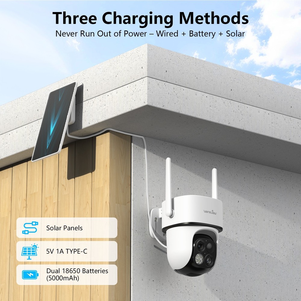 Wansview Dual-Lens Wireless Solar Security Camera 360°PTZ 2K Human Detection