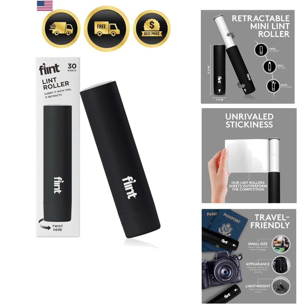 Classic Black Retractable Mini Lint Roller with 30 Extra Sticky Sheets, Small...