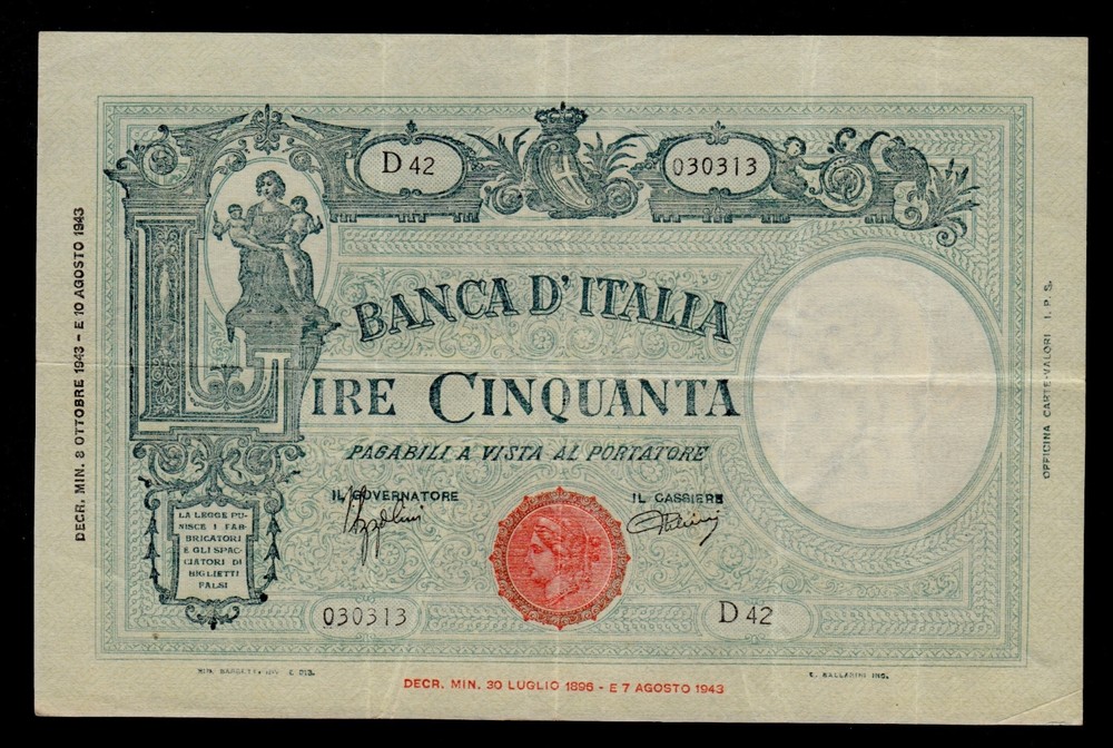 ITALY  50  LIRE  1943  PICK # 65  VF.