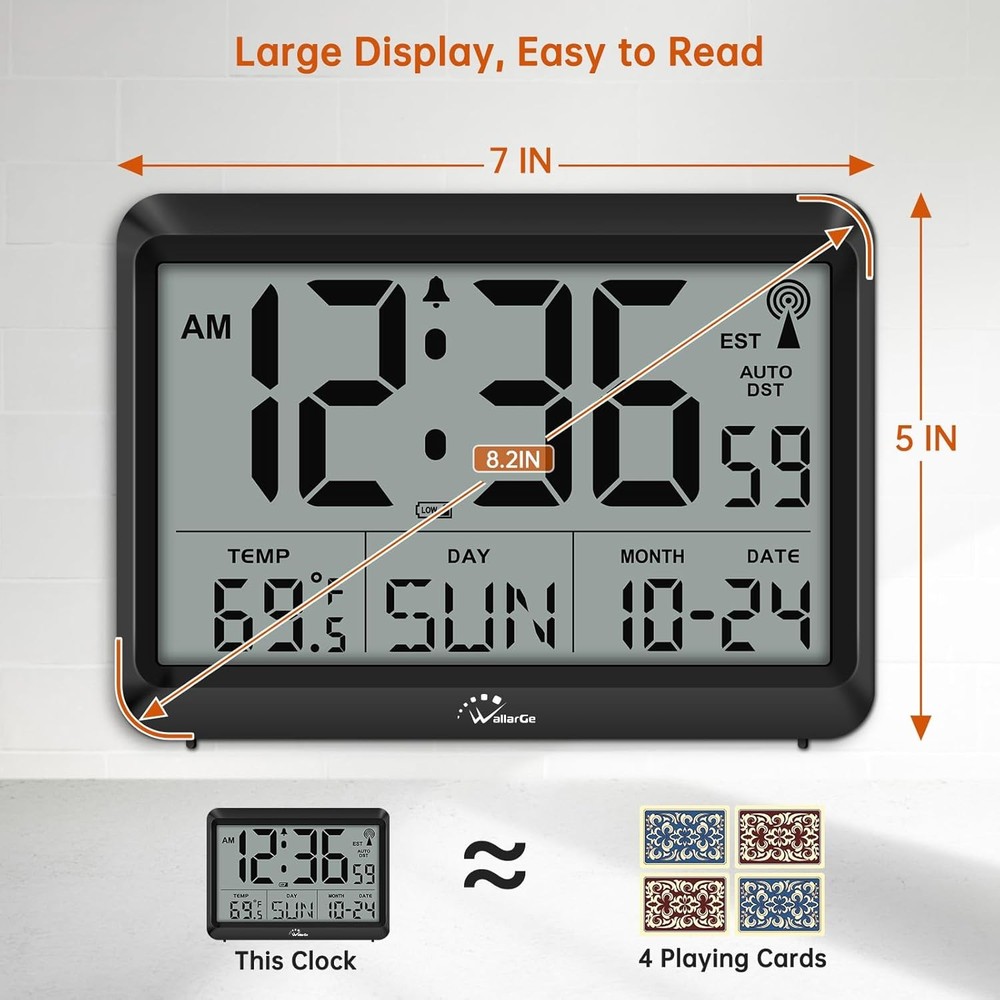 Atomic Digital Wall Clock Battery Operated, Self-Setting, Large Display with Tem