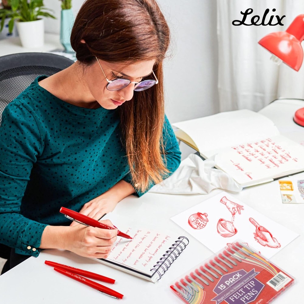 Lelix Felt Tip Pens, 30 Red Pack, 0.7mm Medium 1 Count (Pack of 30), 30