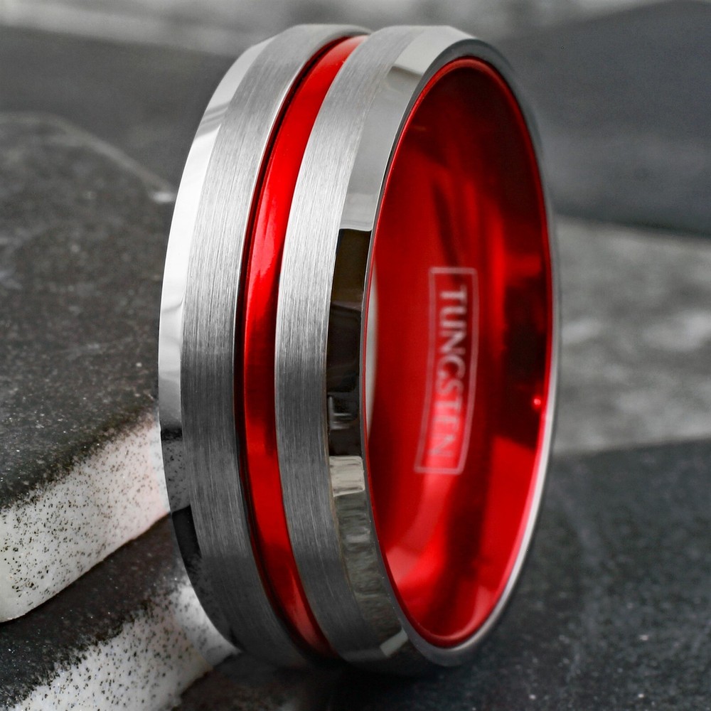 Tungsten Brushed Silver Thin Red Line Band Ring Firefighter First Responder
