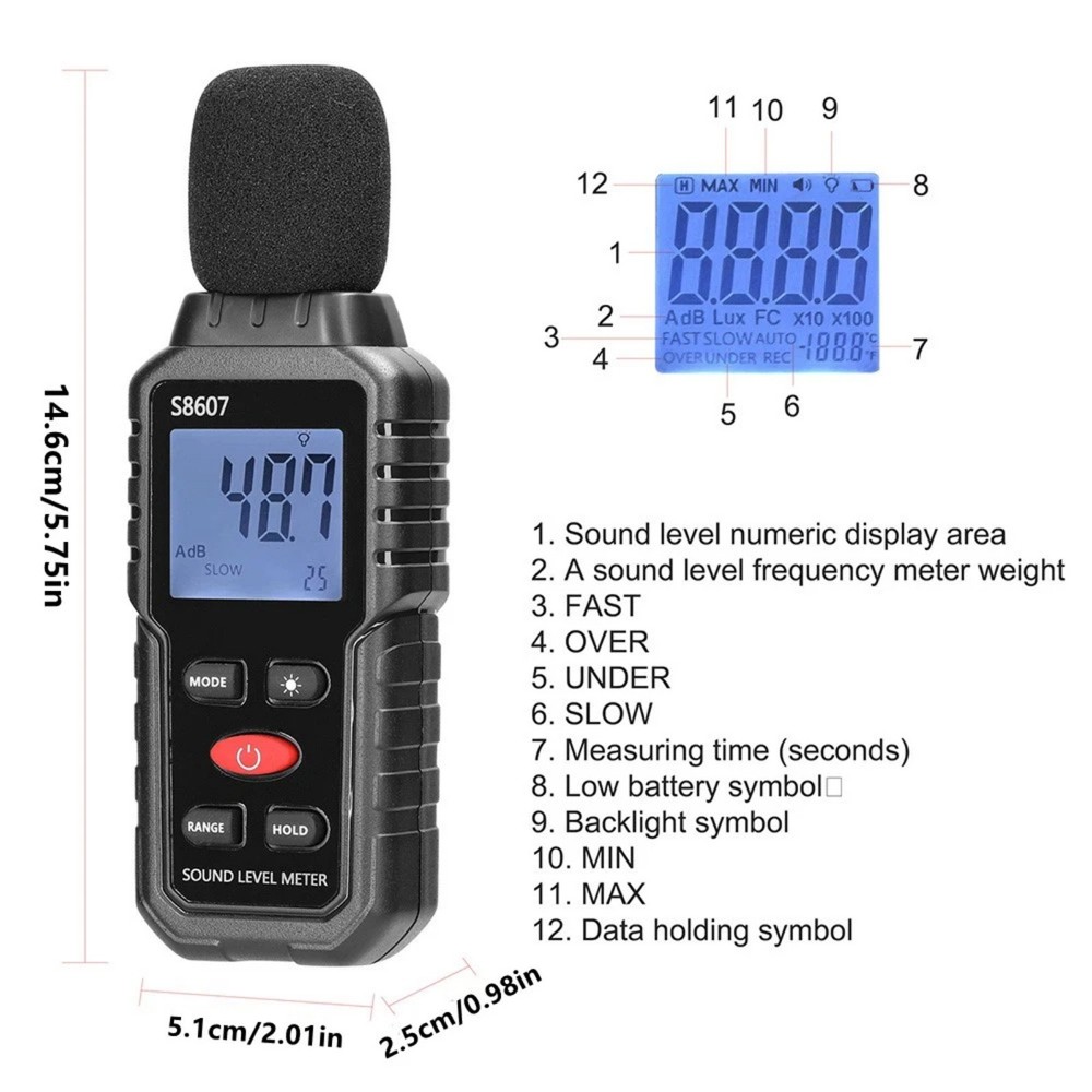 Digital Sound Meter with Data Hold Function 30-130dB Measuring Range A-Weight