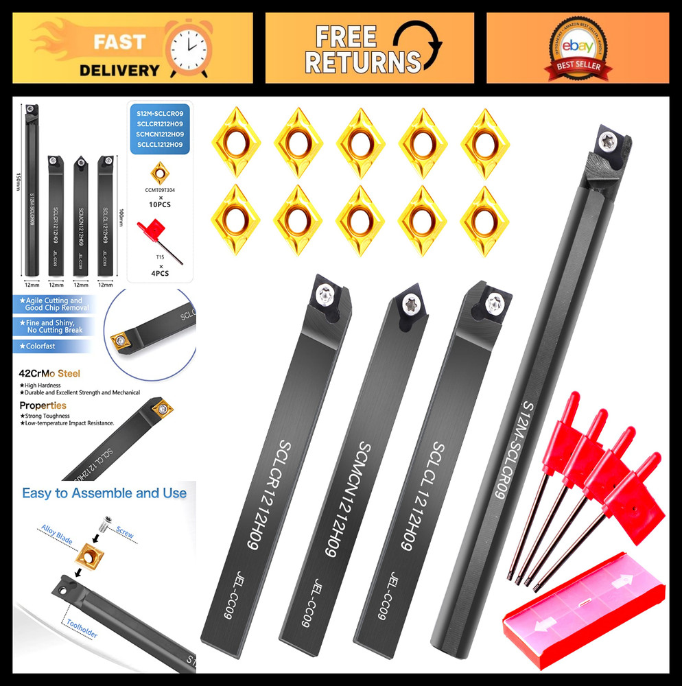 14pcs Lathe Turning Tool Set - Metal Cutting Tools, 4 Shank Threading Holders &
