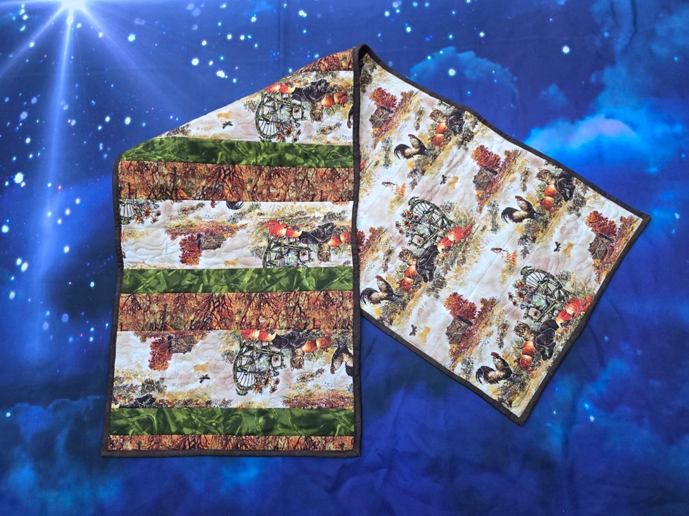 Handmade Quilted Table runner Thanksgiving  Fall Autumn kittens chickens trees