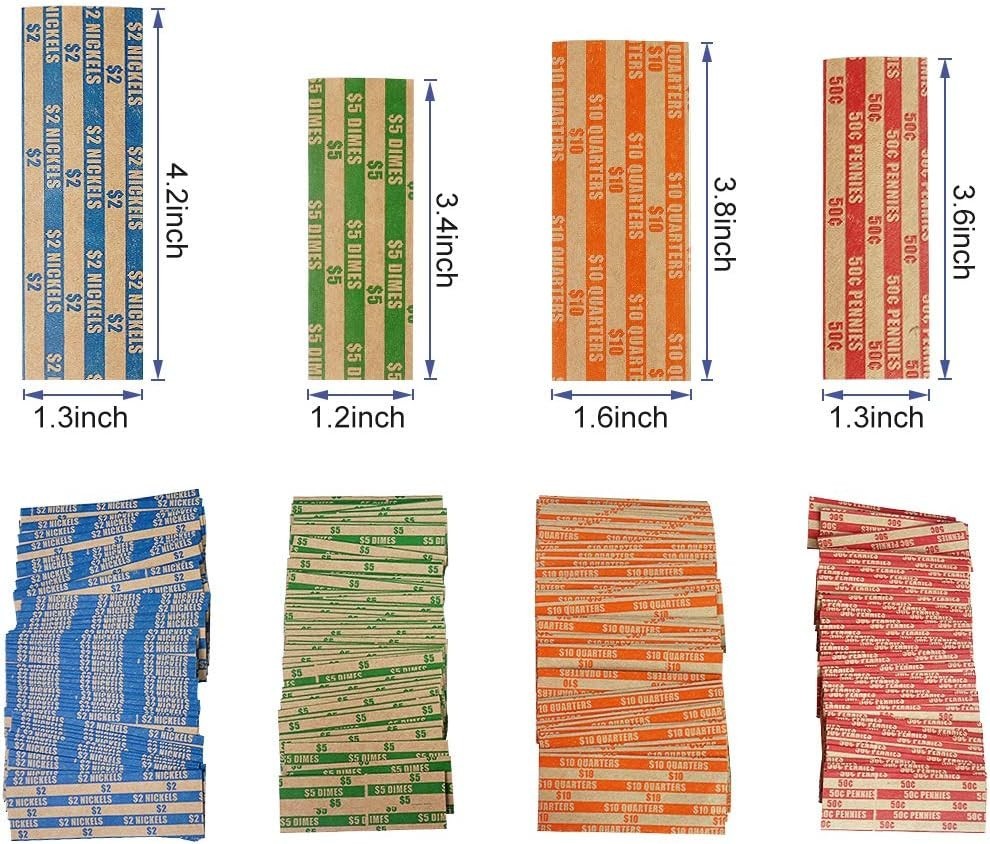 Assorted Coin Roll Wrappers - 100 Pack for Easy Coin Handling & Storage