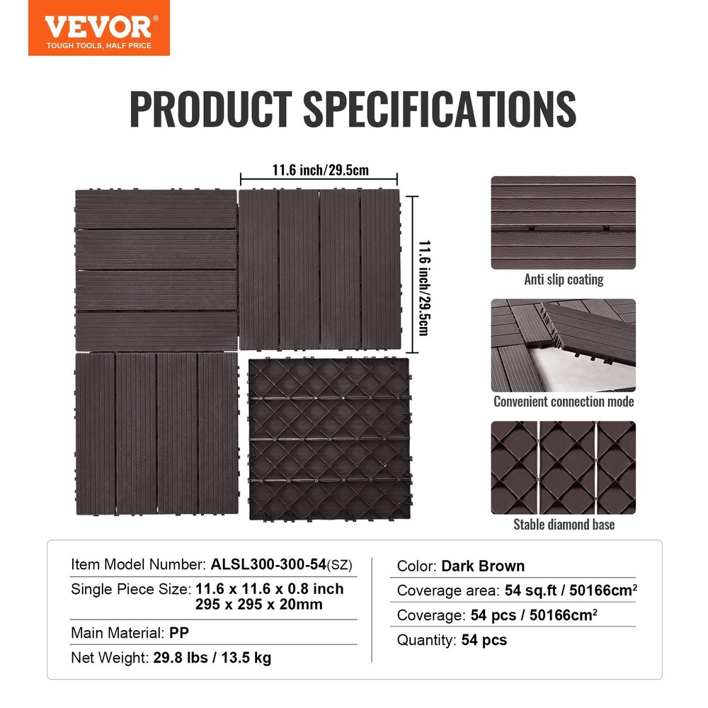 Interlocking Deck Tiles 54 Pack,12"x12" 54 sq. ft Plastic Waterproof Outdo