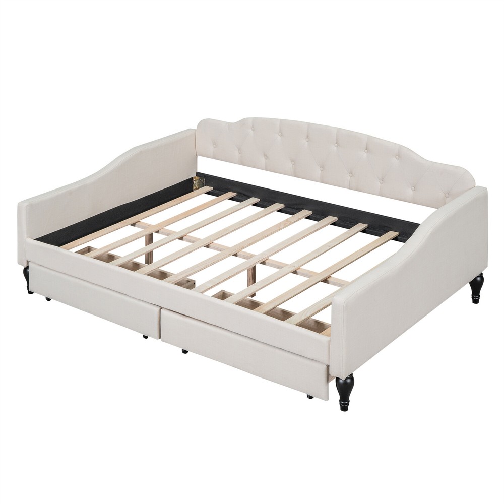Full Size Daybed Upholstered Bed Frame Sofa Bed w/ 2 Storage Drawer Beige US