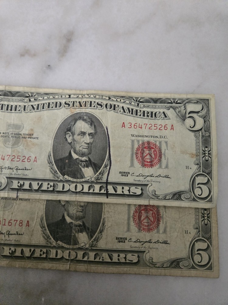1963 2 Five Dollar & 2 Two Dollar Bills - Red Seal