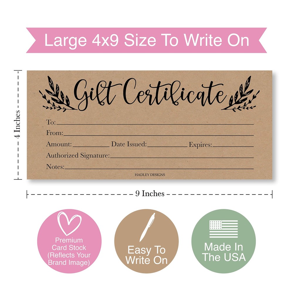 25 4x9 Rustic Blank Gift Certificates for Inches, Greenery