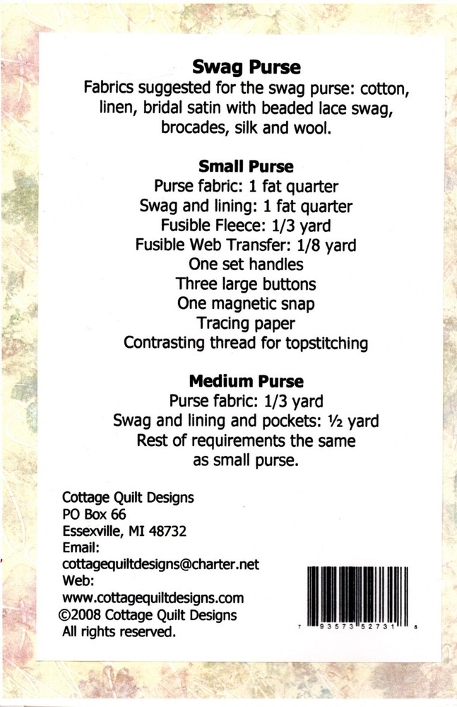 "Swag Purse" ©2008 Cottage Quilt Design Sewing Craft Pattern # 069 UNCUT
