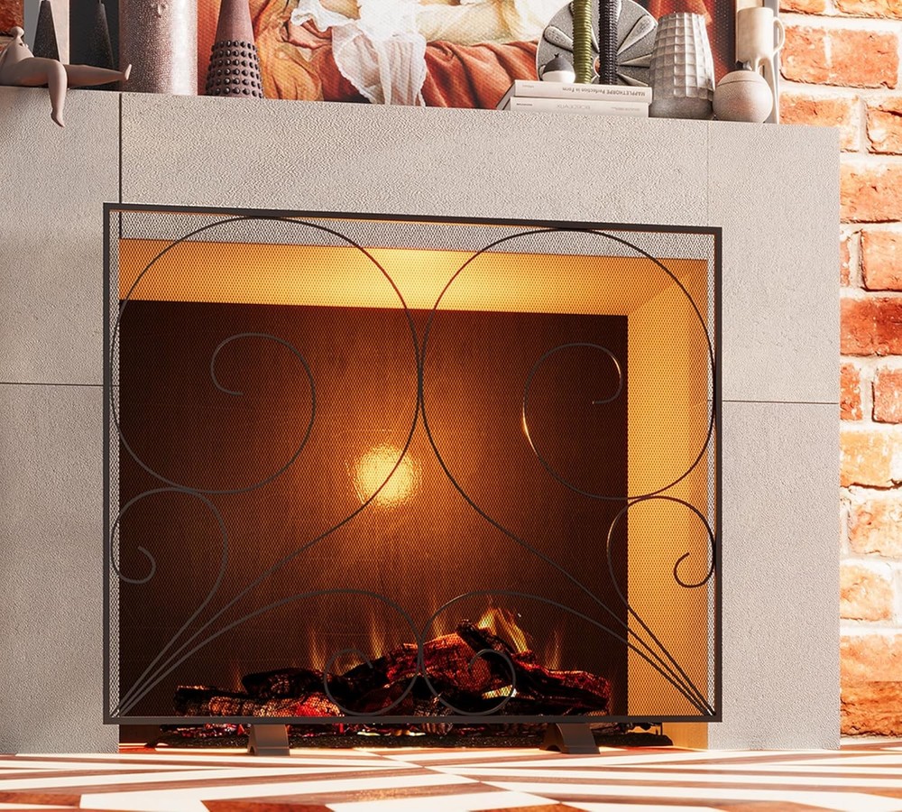 Fire Beauty Single Panel Fireplace Screen Wrought Iron Mesh, Handcrafted