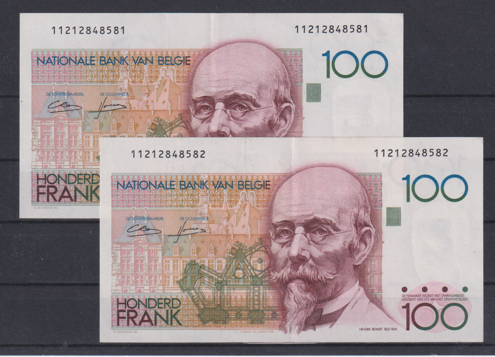 Belgium  2+100  Francs PAIR SERIAL   1982-94 XF++& 141