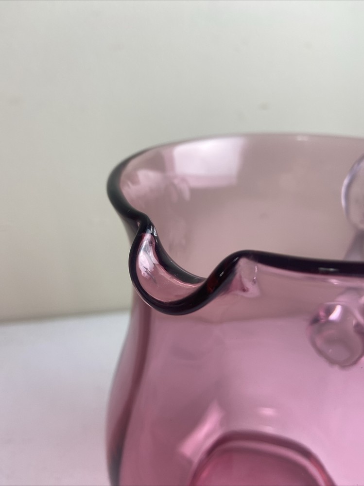 Handblown Cranberry Glass Pitcher Applied Glass Handle 6.75” Tall