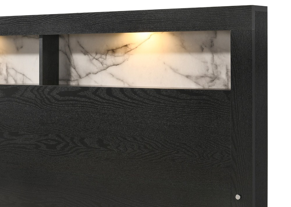 Modern Black & White Marble 1pc Queen Size Panel Bed LED Backlight Headboard