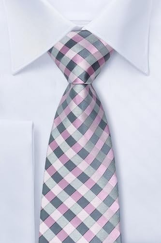 Classic Check Woven Microfiber Men's Tie Necktie Pink and Grey Check