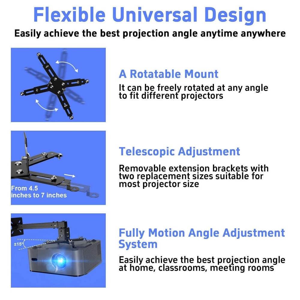 Universal Extendable Tilt DLP LCD Ceiling Projector Mount Bracket 44 lbs - Black