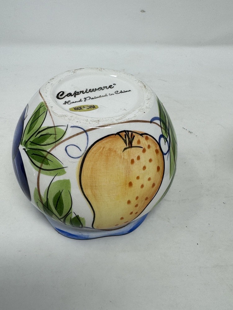 capriware Covered Sugar Bowl & Creamer Fruit Design w/ Cobalt Blue Trim EUC HTF