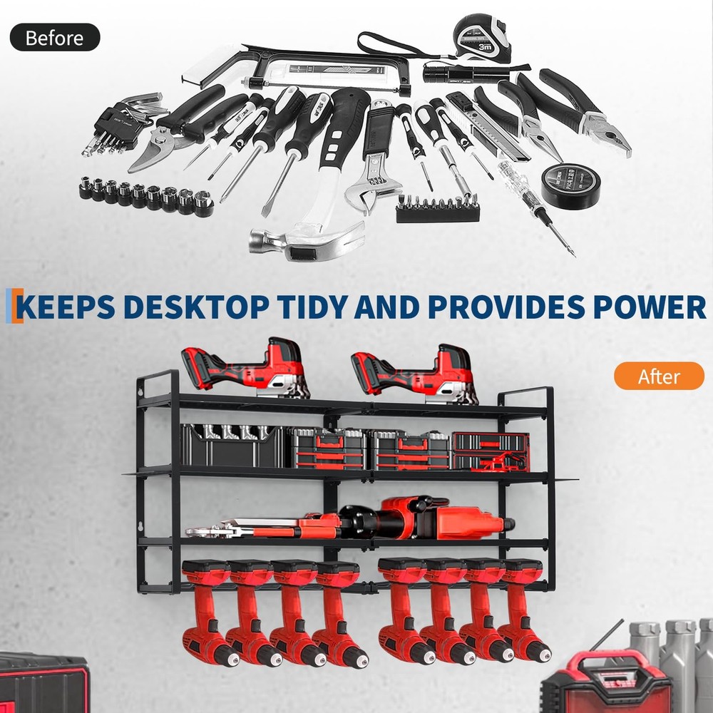4-Layer Power Tool Organizer Wall Mount 8 Drill Holders Drill Bit Rack Garage Wo