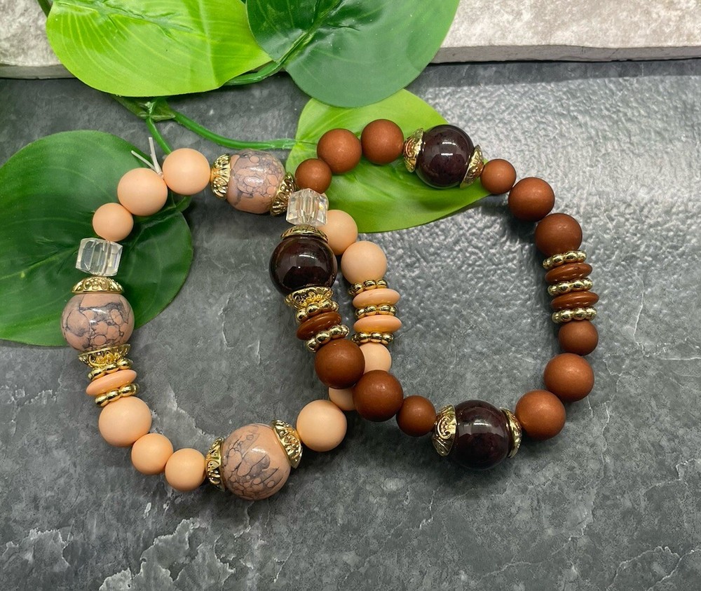 2 PC Handmade Beaded Boho 7” Plus Stretch Layered Bracelet Set B3953