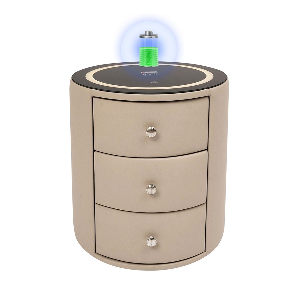 Nightstand with Wireless Charging , LED Nightstand with Leather Surface Round