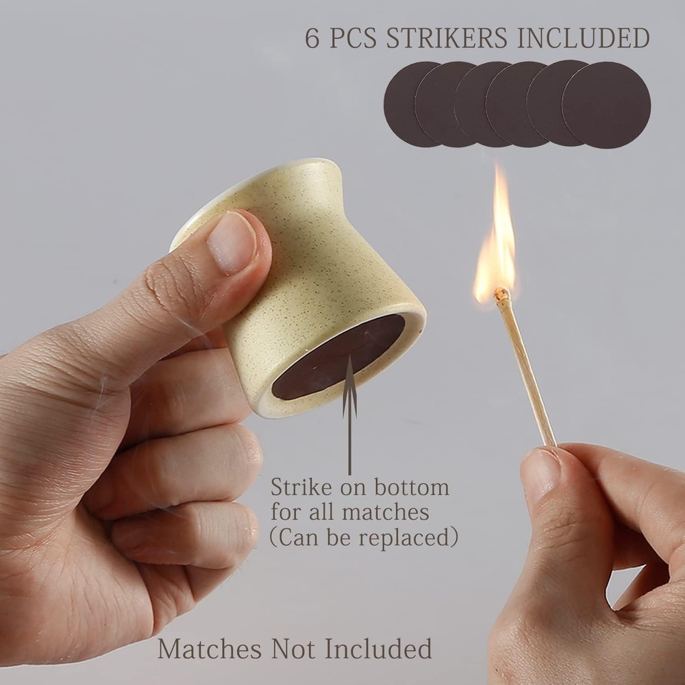 Handmade Ceramic Match Holder Set - 2 Pack with Replacement Strikers, Off White