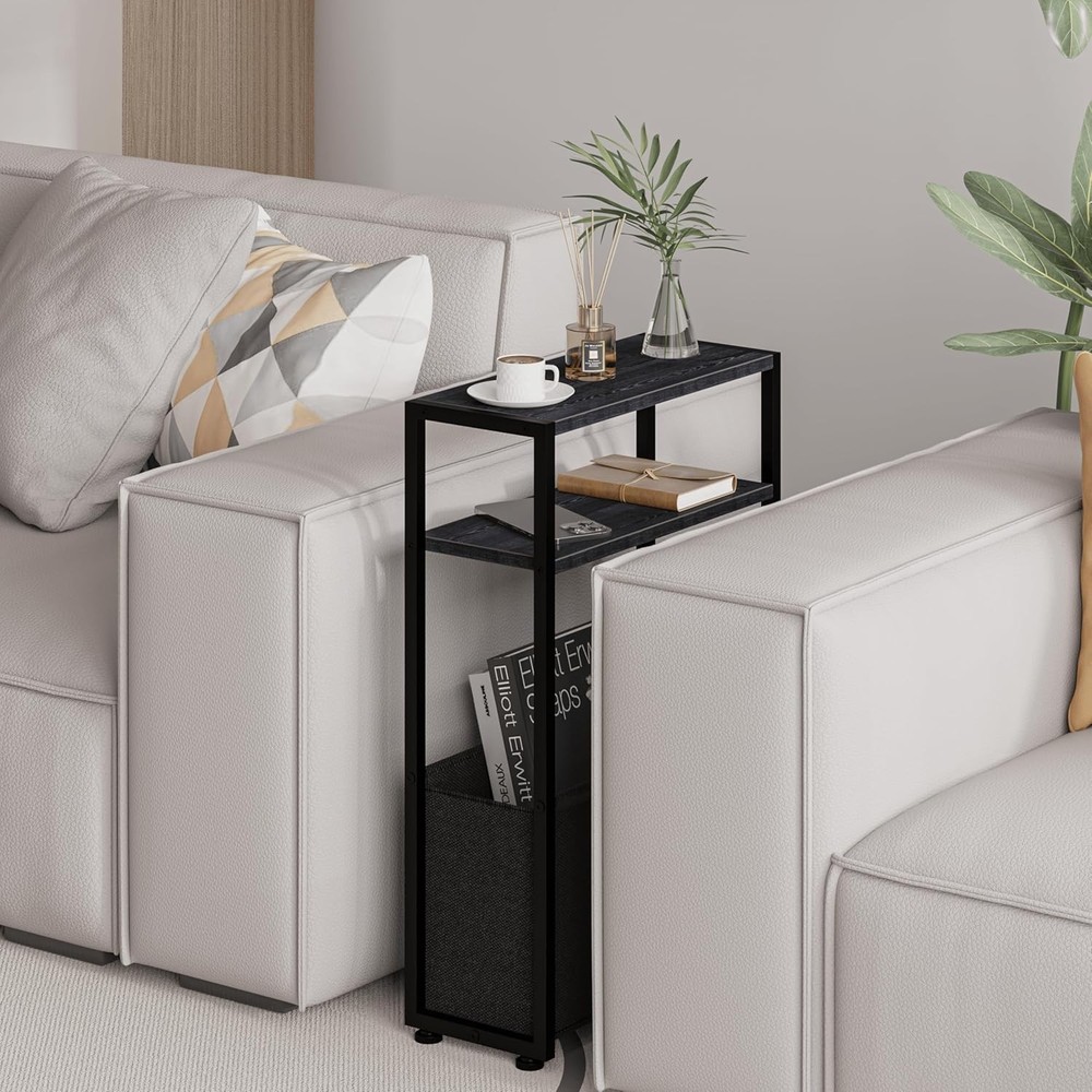 Black Side Table, Slim Side Table with Magazine Rack, Bathroom Table