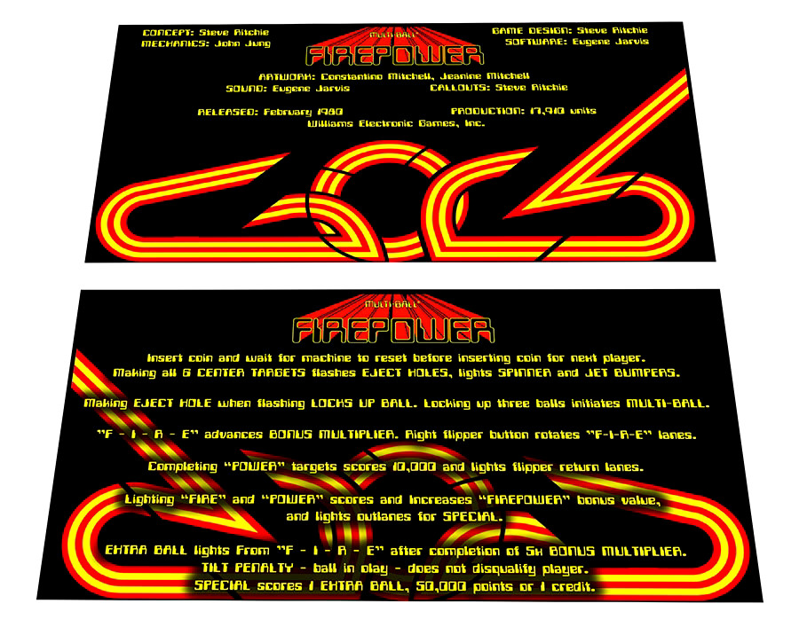 Williams Firepower Pinball Custom Apron Instruction Cards v2