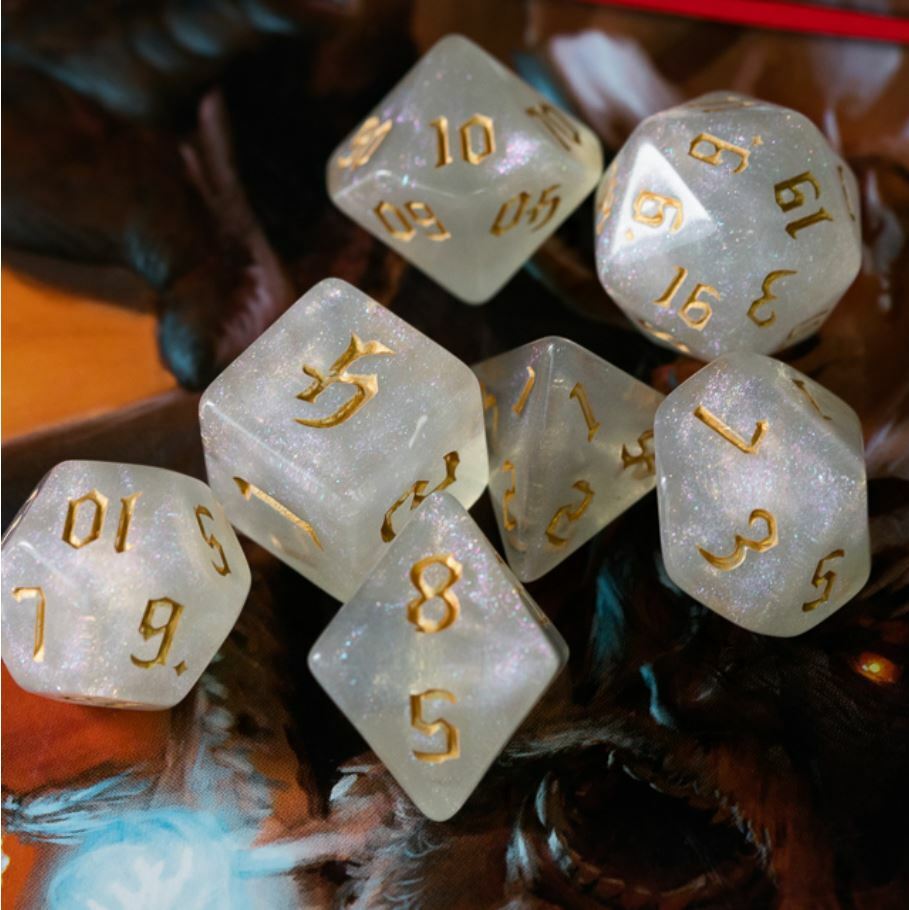 Golden Orcish Script Dice Set Poly RPG DnD Dungeons Dragons AD&D Pathfinder