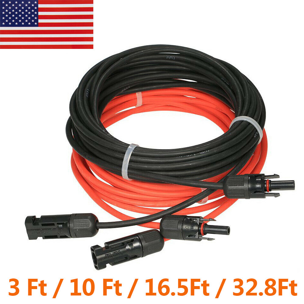 1 Pair Solar Panel Extension Cable Wire Solar Connectors 10 AWG Gauge Black Red