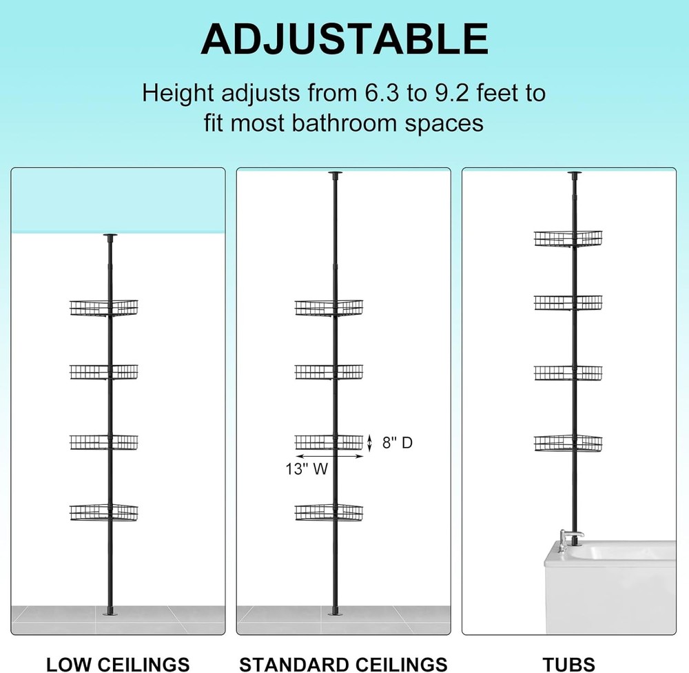 4 Tier Corner Shower Caddy Tension Pole Adjustable Rustproof Bathroom Organizer