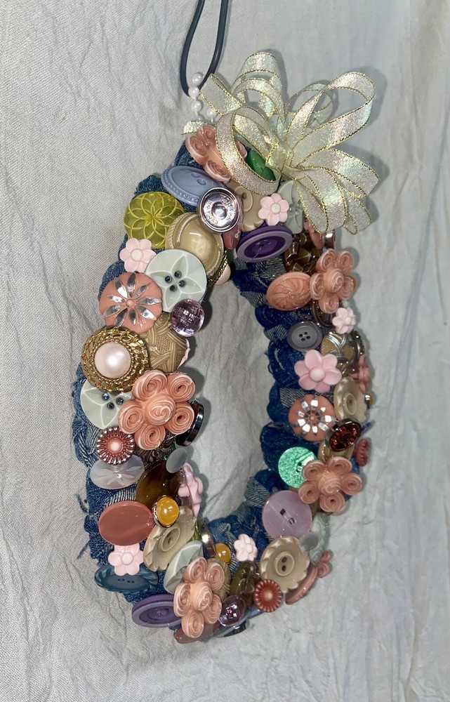 Handmade Oval Wreath 10" Buttons Easter Egg Spring Decor Pastel