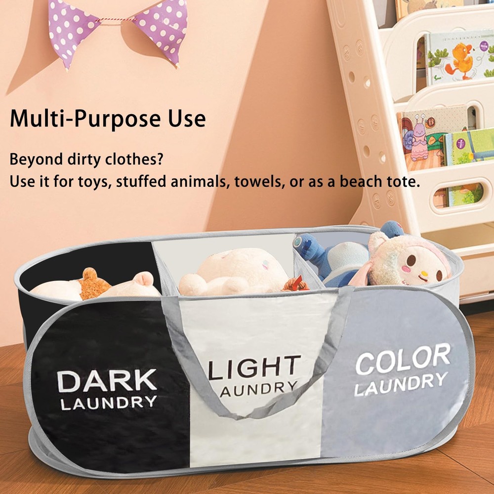 3 Compartment Foldable Pop Up Laundry Hamper Collapsible Sorting Basket