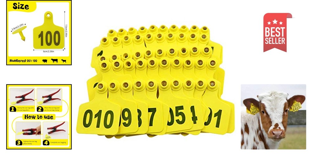 High-Quality Plastic Ear Tags for Cattle, Sheep & Hogs - 001-100 Numbered Set