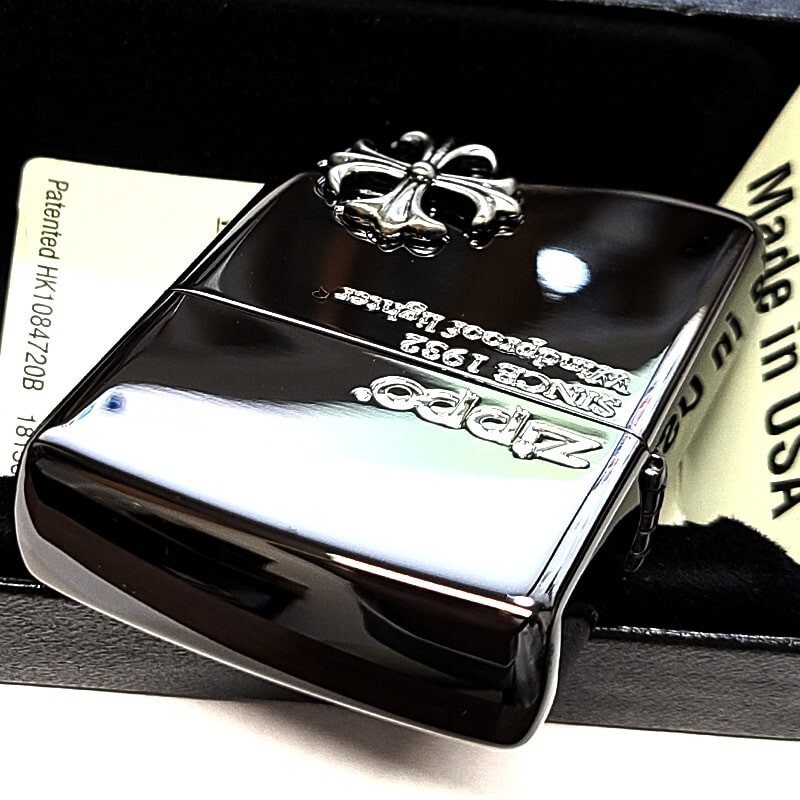 Zippo Cross Metal Silver Black One Sided Processing Etching Engraving Lighter