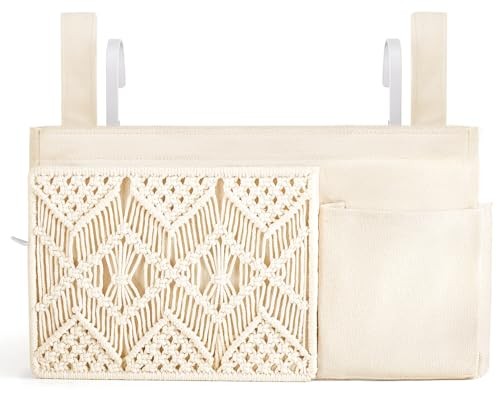 Bedside Caddy Hanging Organizer, Boho Macrame Storage with Fixed Straps and