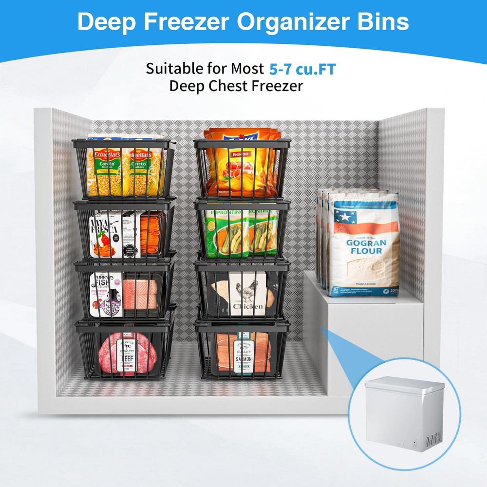 Freezer Organizers Bins with Folding Handles，4 Pack Stackable Upright Freezer...