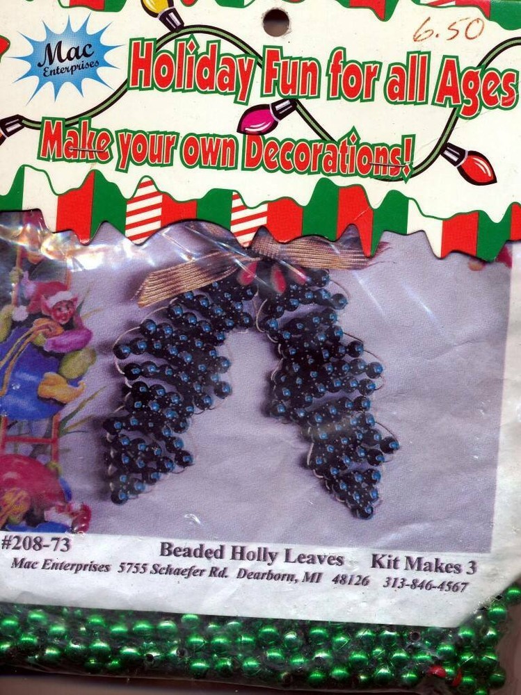 NEW MAC ENTERPRISES BEADED HOLLY LEAVES ORNAMENTS MAKES 3