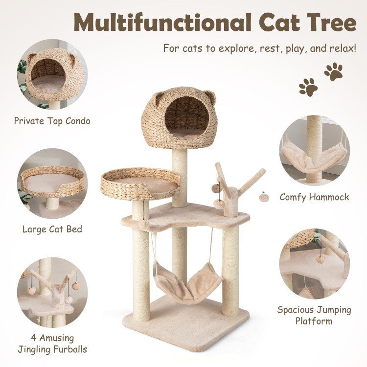 Cat Tree Cat Tower Scratching Post Cat Condo w/Hammock & Rotatable Hanging Balls