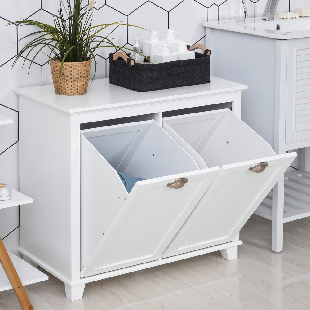 Tilt-Out Laundry Sorter Bathroom Cabinet, White