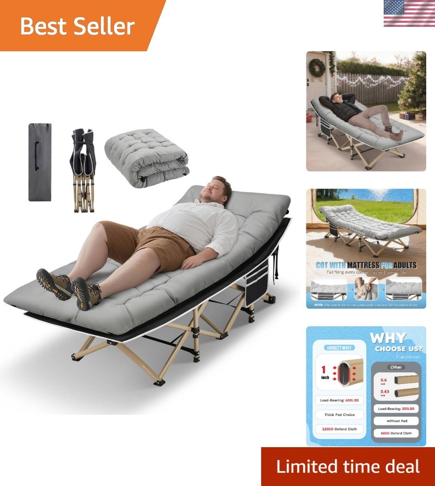 Foldable Camping Cot for Adults - Removable Mattress & Side Storage Pocket
