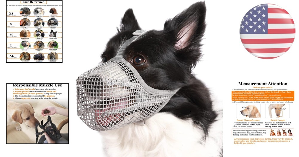 Woven Dog Muzzle, Breathable Mesh Guard for Medium & Large Dogs, Grey M