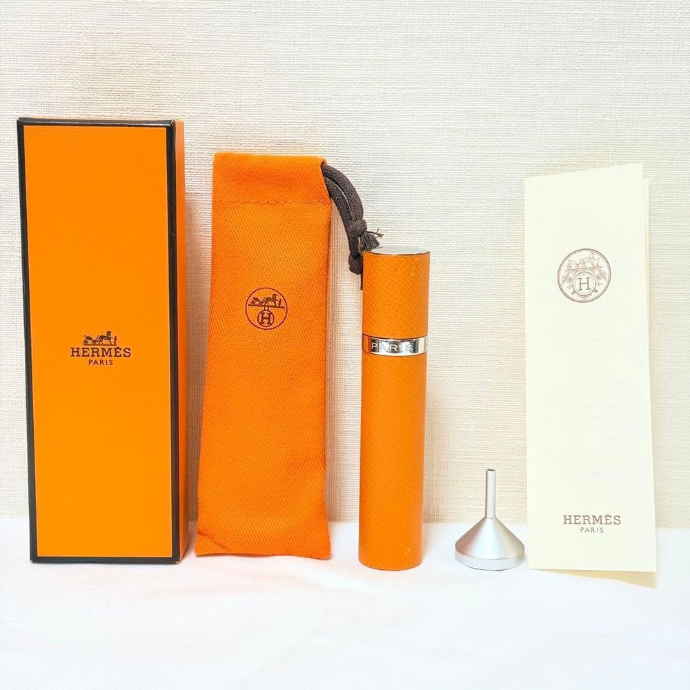 HERMES Paris Atomizer Perfume Case Epsom Orange Leather Gold Hardware w/Box