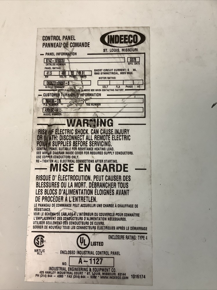 Indeeco Heater Control Panel 874Z-101003U