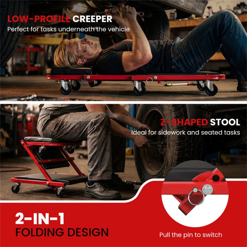 Foldable Mechanic Creeper Stool w/6 Wheels & Cushion - Garage Workspace
